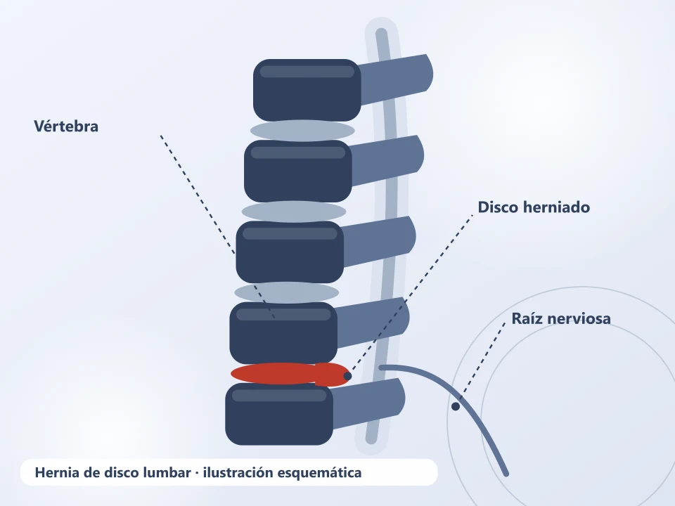 Ilustración de una hernia de disco lumbar que comprime una raíz nerviosa — qué hace un neurocirujano