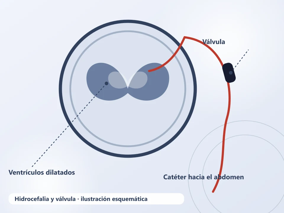 Ilustración de ventrículos cerebrales dilatados por hidrocefalia y de una válvula de derivación — neurólogo o neurocirujano